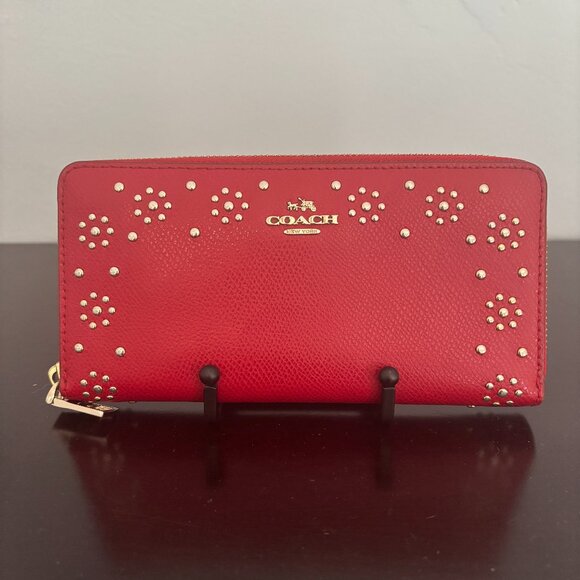 Coach Gold Border Stud Red Leather Zip Around Accordion Wallet - Picture 1 of 7